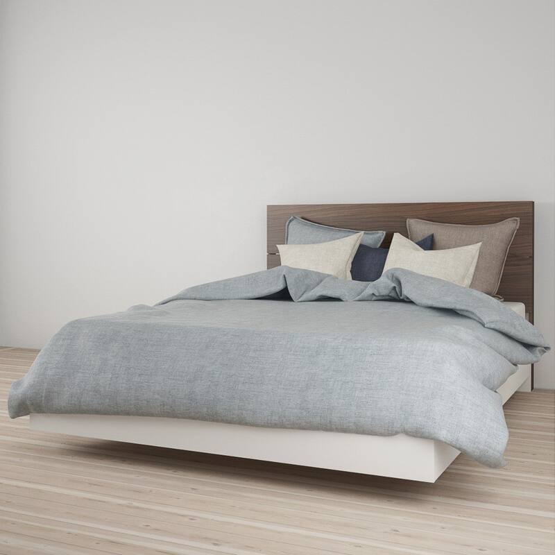 Nexera Celebri-T Platform Bed with Headboard, White and Walnut - Queen