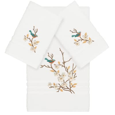 Authentic Hotel and Spa Turkish Cotton Blue Bird Embroidered White 3-piece Towel Set