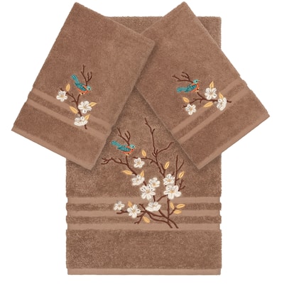 Authentic Hotel and Spa Turkish Cotton Blue Bird Embroidered Latte Brown 3-piece Towel Set