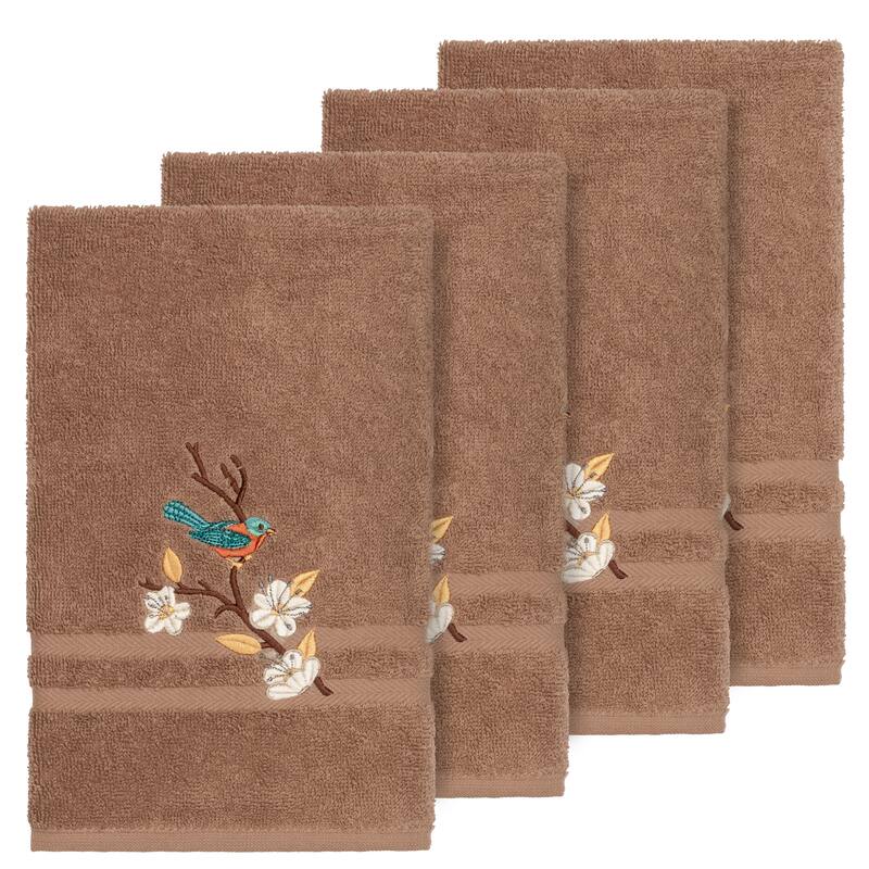 Authentic Hotel and Spa Turkish Cotton Blue Bird Embroidered Latte Brown 4-piece Hand Towel Set