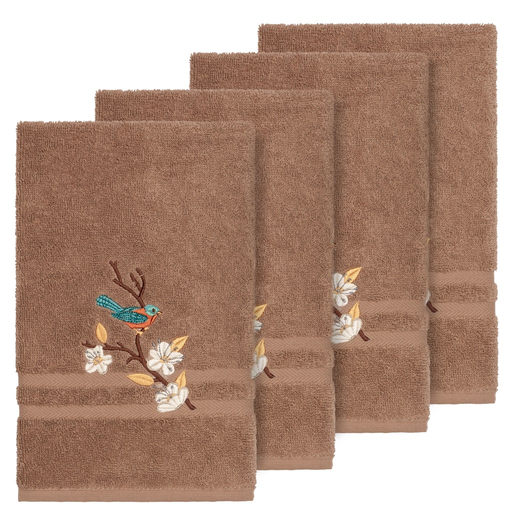 Authentic Hotel and Spa Turkish Cotton Blue Bird Embroidered Latte Brown 4-piece Hand Towel Set