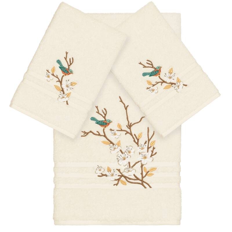 Authentic Hotel and Spa Turkish Cotton Blue Bird Embroidered Cream 3-piece Towel Set