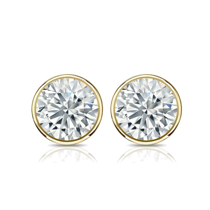 Auriya 18k Gold 3ctw Bezel-set Round Moissanite Stud Earrings - 7.4 mm, Push-Backs - Yellow