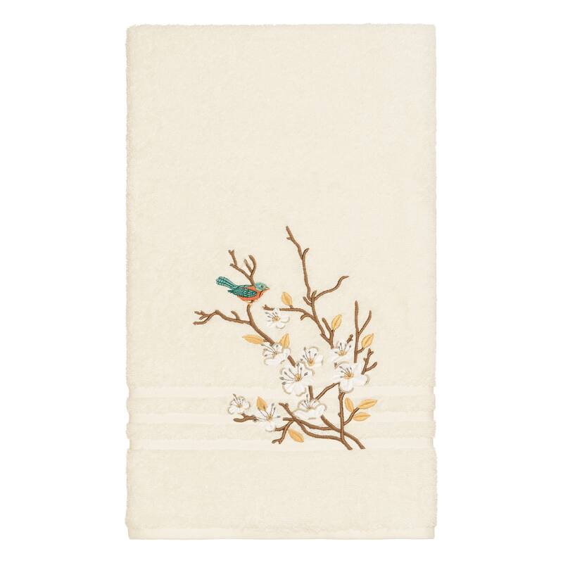 Authentic Hotel and Spa Turkish Cotton Blue Bird Embroidered Cream Bath Towel