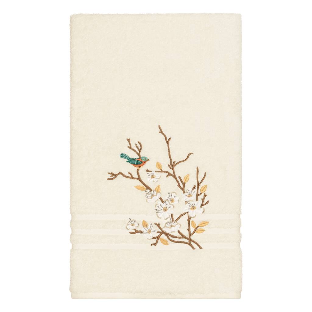 Authentic Hotel and Spa Turkish Cotton Blue Bird Embroidered Cream Bath Towel