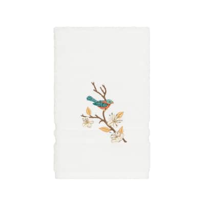 Authentic Hotel and Spa Turkish Cotton Blue Bird Embroidered White Hand Towel