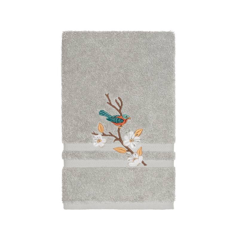 Authentic Hotel and Spa Turkish Cotton Blue Bird Embroidered Light Grey Hand Towel