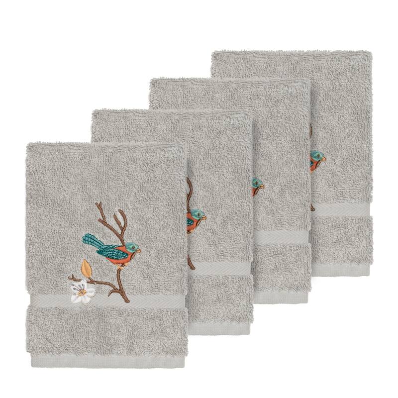 Authentic Hotel and Spa Turkish Cotton Blue Bird Embroidered Light Grey 4-piece Washcloth Set