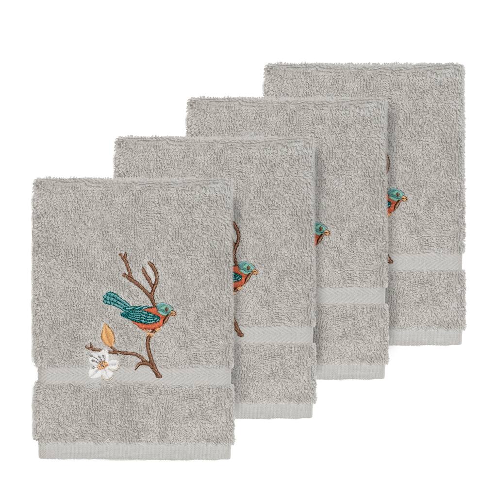 Authentic Hotel and Spa Turkish Cotton Blue Bird Embroidered Light Grey 4-piece Washcloth Set