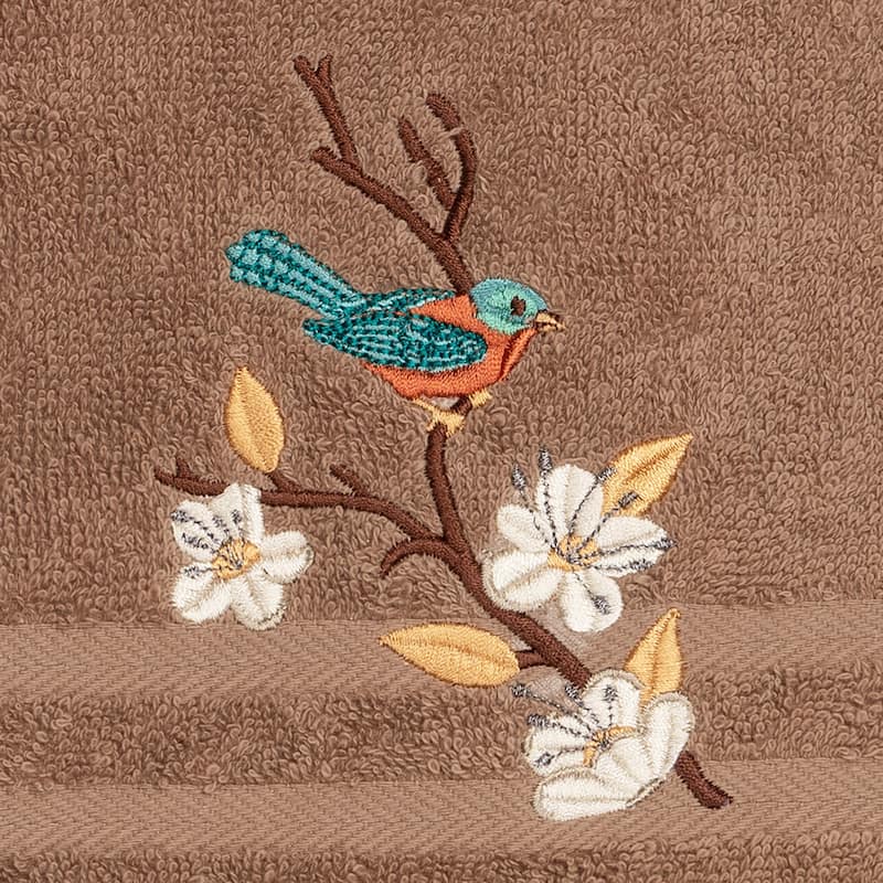 Authentic Hotel and Spa Turkish Cotton Blue Bird Embroidered Latte Brown Hand Towel