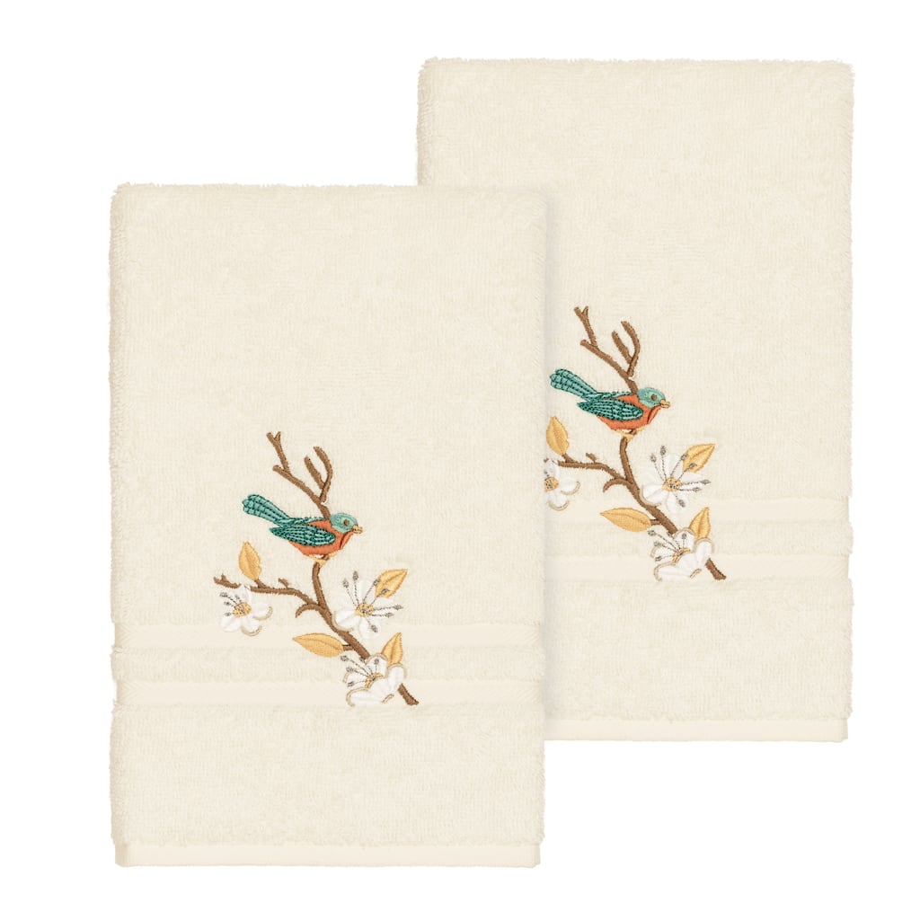 Authentic Hotel and Spa Turkish Cotton Blue Bird Embroidered Cream 2-piece Towel Hand Set