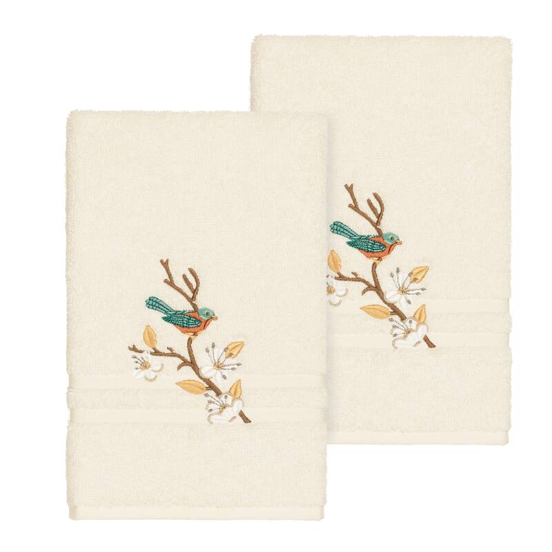 Authentic Hotel and Spa Turkish Cotton Blue Bird Embroidered Cream 2-piece Towel Hand Set