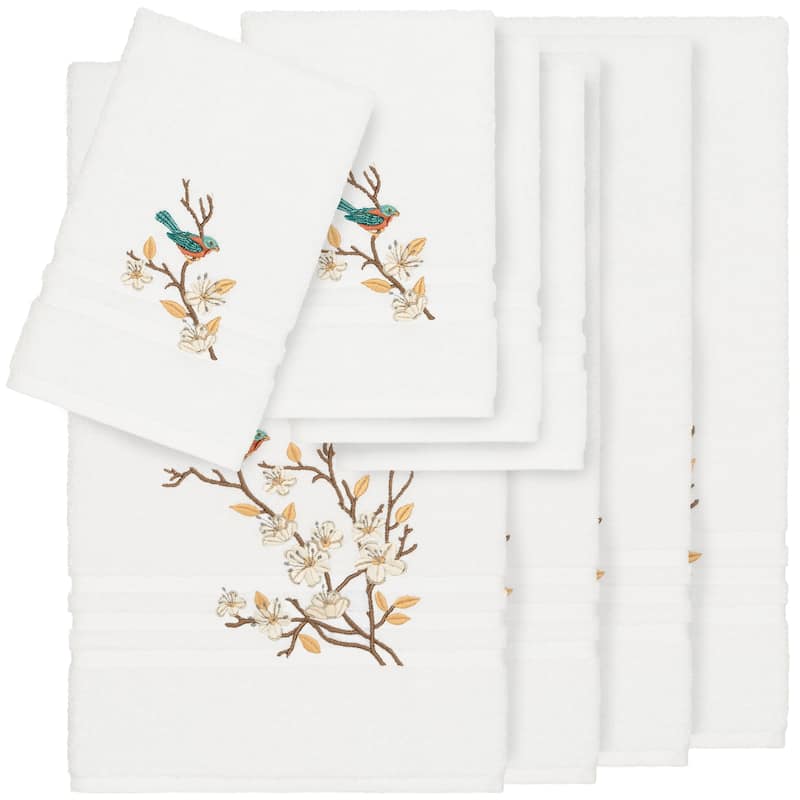 Authentic Hotel and Spa Turkish Cotton Blue Bird Embroidered White 8-piece Towel Set