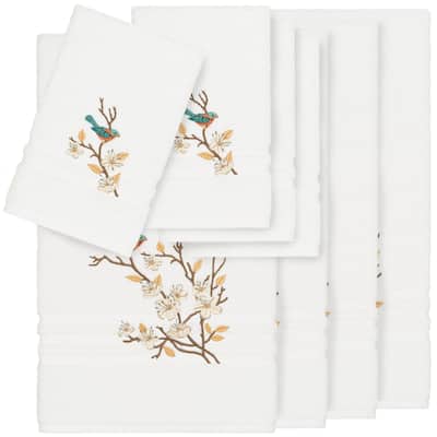 Authentic Hotel and Spa Turkish Cotton Blue Bird Embroidered White 8-piece Towel Set