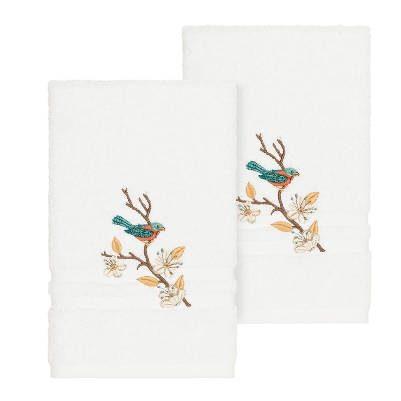 Authentic Hotel and Spa Turkish Cotton Blue Bird Embroidered White 2-piece Towel Hand Set