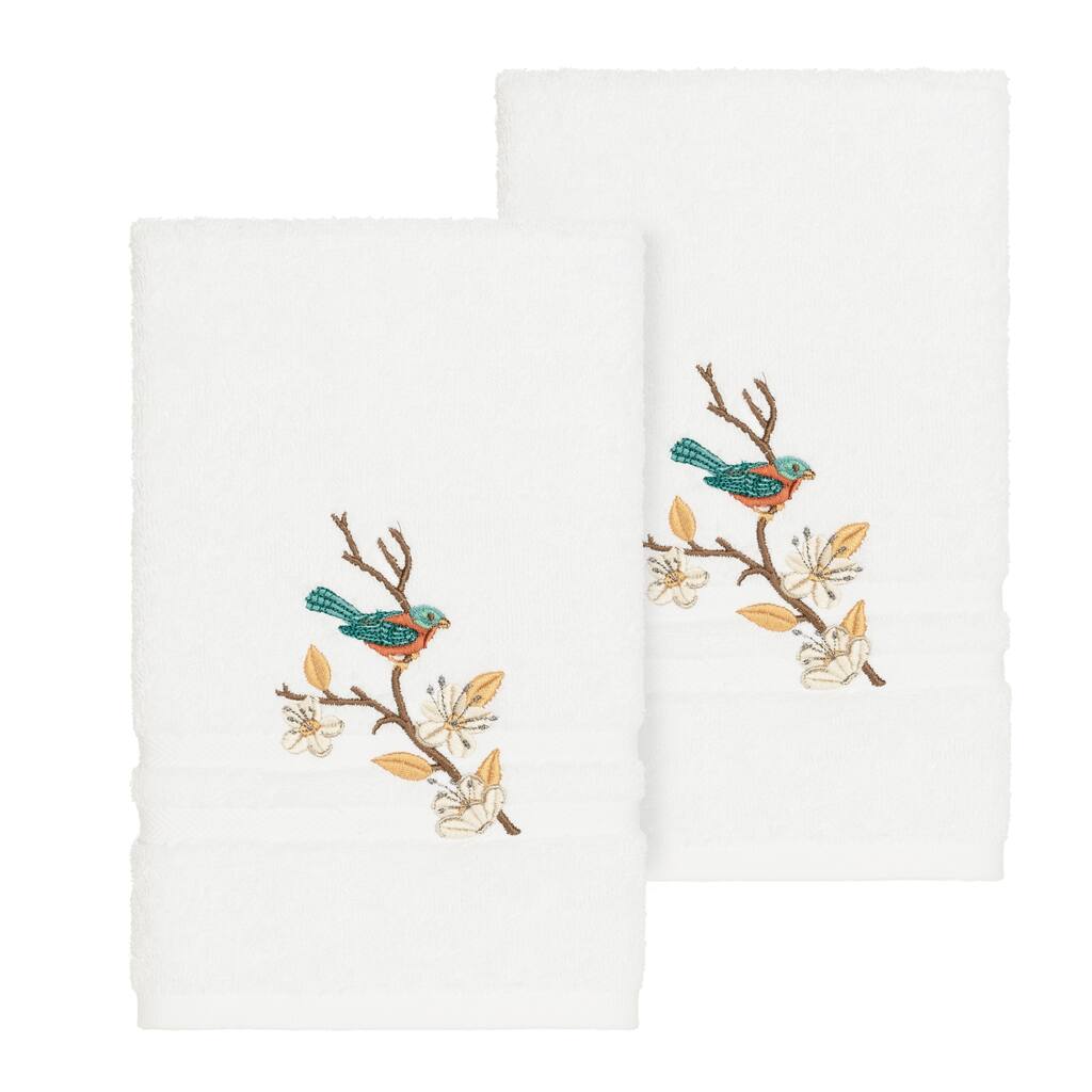 Authentic Hotel and Spa Turkish Cotton Blue Bird Embroidered White 2-piece Towel Hand Set