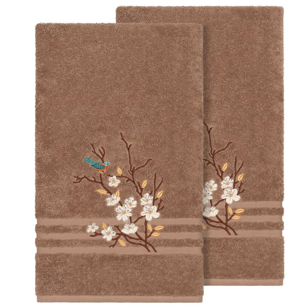 Authentic Hotel and Spa Turkish Cotton Blue Bird Embroidered Latte Brown 2-piece Bath Towel Set