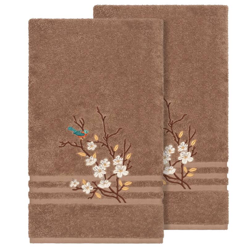Authentic Hotel and Spa Turkish Cotton Blue Bird Embroidered Latte Brown 2-piece Bath Towel Set