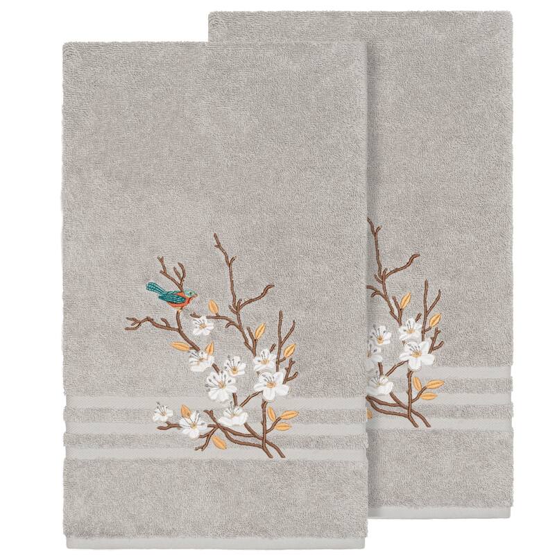 Authentic Hotel and Spa Turkish Cotton Blue Bird Embroidered Light Grey 2-piece Bath Towel Set