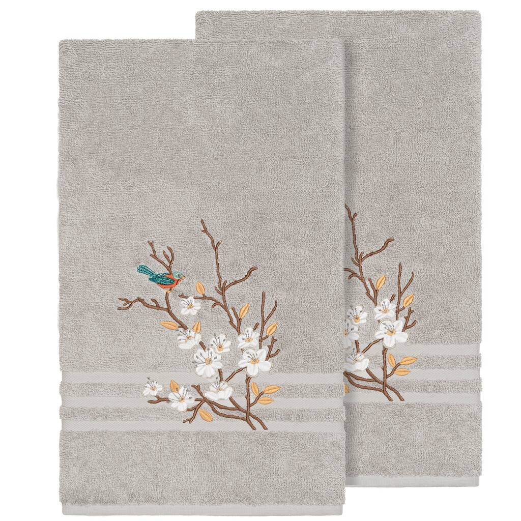 Authentic Hotel and Spa Turkish Cotton Blue Bird Embroidered Light Grey 2-piece Bath Towel Set