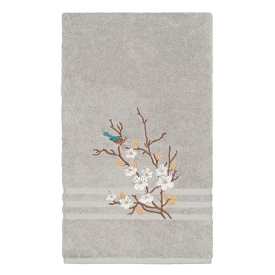 Authentic Hotel and Spa Turkish Cotton Blue Bird Embroidered Light Grey Bath Towel