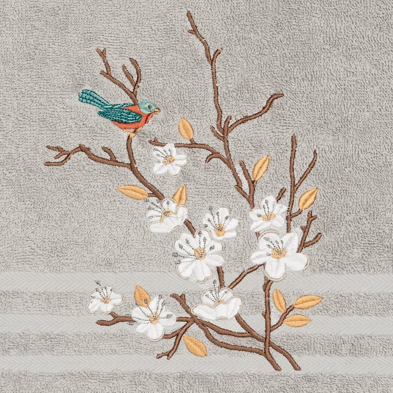Authentic Hotel and Spa Turkish Cotton Blue Bird Embroidered Light Grey Bath Towel