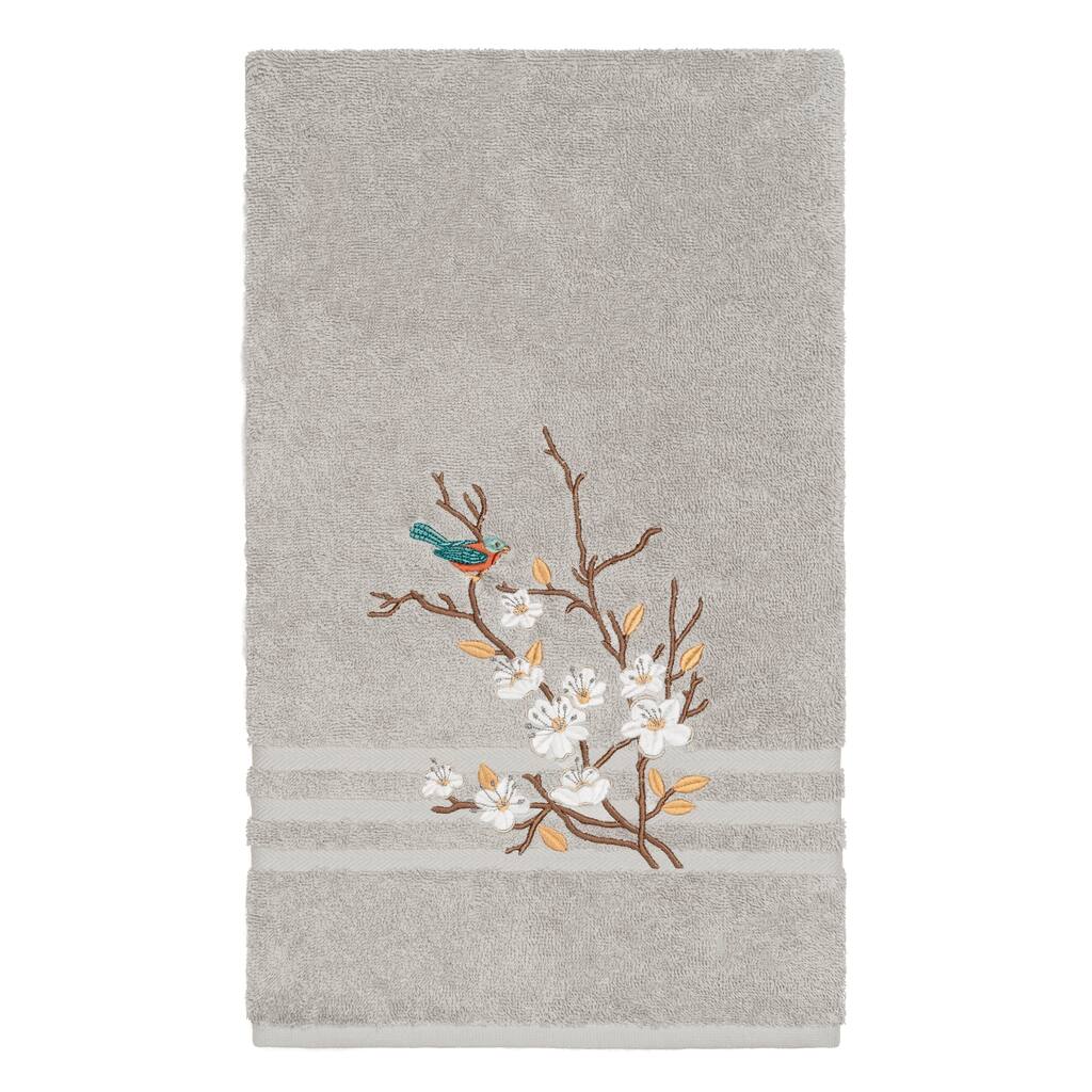 Authentic Hotel and Spa Turkish Cotton Blue Bird Embroidered Light Grey Bath Towel