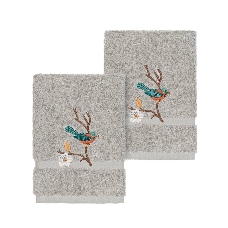 Authentic Hotel and Spa Turkish Cotton Blue Bird Embroidered Light Grey 2-piece Washcloth Set