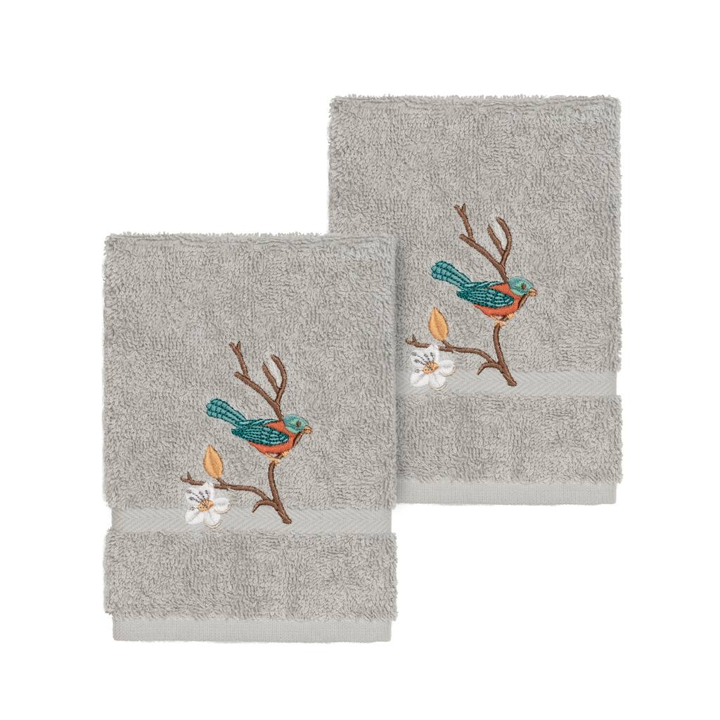 Authentic Hotel and Spa Turkish Cotton Blue Bird Embroidered Light Grey 2-piece Washcloth Set