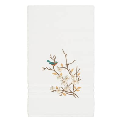 Authentic Hotel and Spa Turkish Cotton Blue Bird Embroidered White Bath Towel