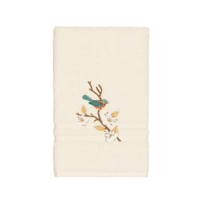 Authentic Hotel and Spa Turkish Cotton Blue Bird Embroidered Cream Hand Towel