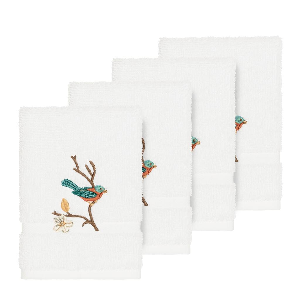 Authentic Hotel and Spa Turkish Cotton Blue Bird Embroidered White 4-piece Washcloth Set
