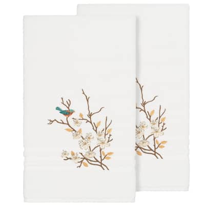 Authentic Hotel and Spa Turkish Cotton Blue Bird Embroidered White 2-piece Bath Towel Set