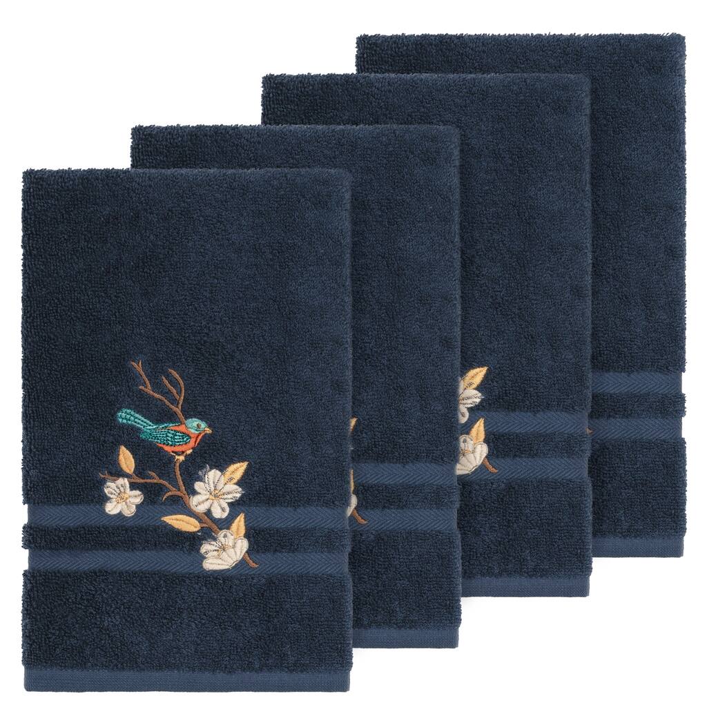 Authentic Hotel and Spa Turkish Cotton Blue Bird Embroidered Midnight Blue 4-piece Hand Towel Set