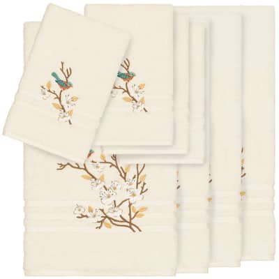 Authentic Hotel and Spa Turkish Cotton Blue Bird Embroidered Cream 8-piece Towel Set