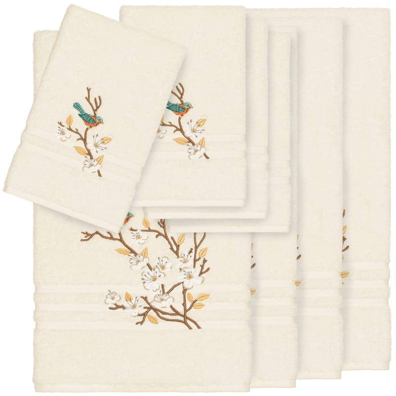 Authentic Hotel and Spa Turkish Cotton Blue Bird Embroidered Cream 8-piece Towel Set
