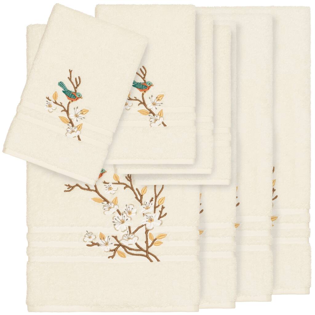 Authentic Hotel and Spa Turkish Cotton Blue Bird Embroidered Cream 8-piece Towel Set