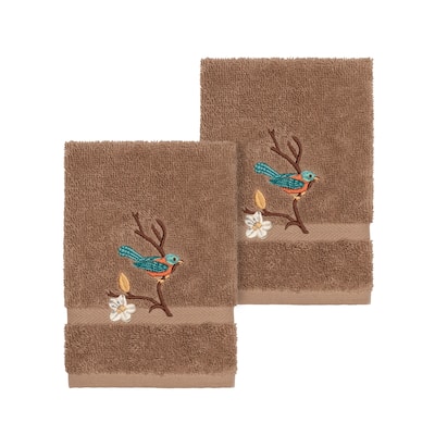 Authentic Hotel and Spa Turkish Cotton Blue Bird Embroidered Latte Brown 2-piece Washcloth Set