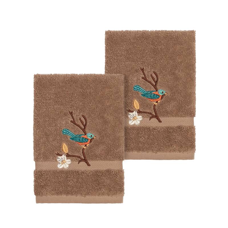 Authentic Hotel and Spa Turkish Cotton Blue Bird Embroidered Latte Brown 2-piece Washcloth Set