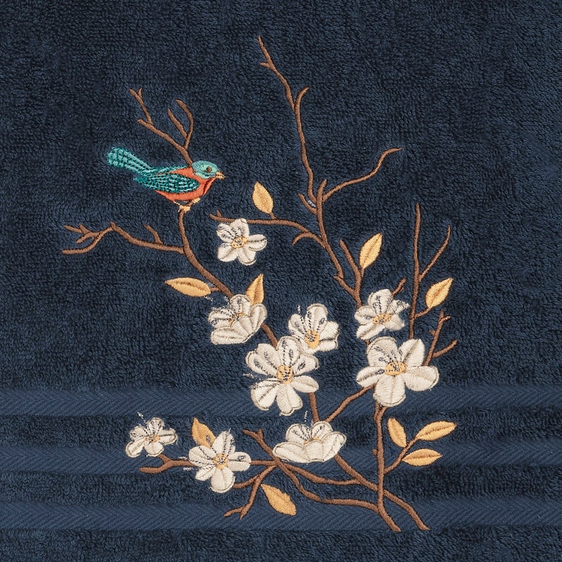 Authentic Hotel and Spa Turkish Cotton Blue Bird Embroidered Midnight Blue 3-piece Towel Set