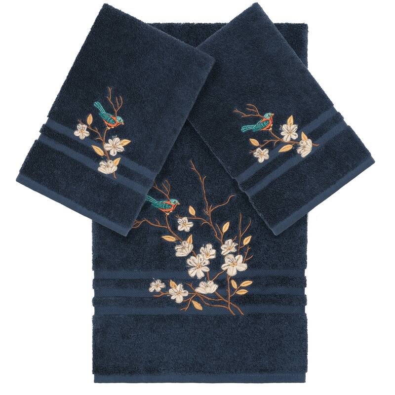 Authentic Hotel and Spa Turkish Cotton Blue Bird Embroidered Midnight Blue 3-piece Towel Set
