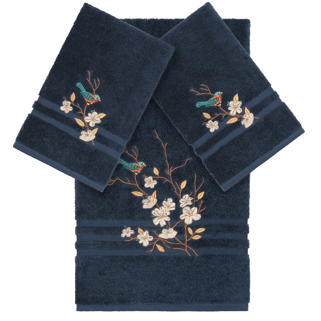 Authentic Hotel and Spa Turkish Cotton Blue Bird Embroidered Midnight Blue 3-piece Towel Set