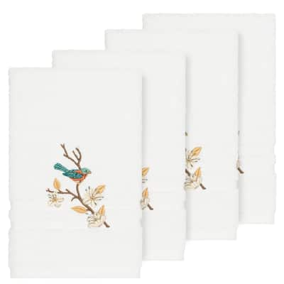 Authentic Hotel and Spa Turkish Cotton Blue Bird Embroidered White 4-piece Hand Towel Set