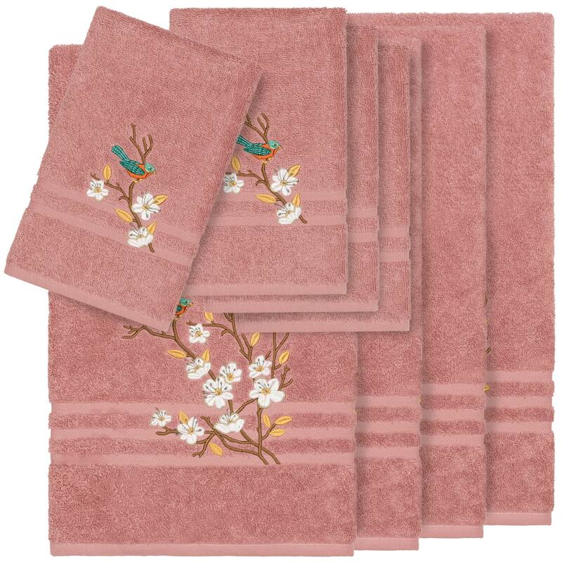 Authentic Hotel and Spa Turkish Cotton Blue Bird Embroidered Tea Rose 8-piece Towel Set