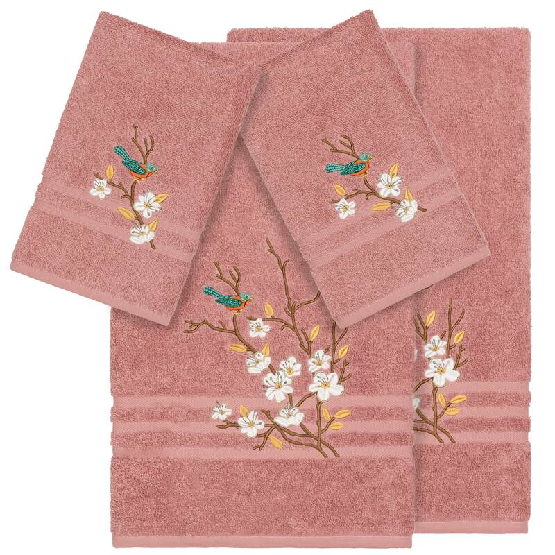 Authentic Hotel and Spa Turkish Cotton Blue Bird Embroidered Tea Rose 4-piece Towel Set