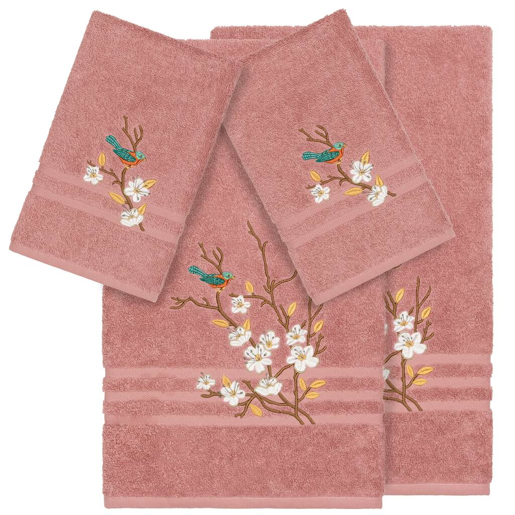 Authentic Hotel and Spa Turkish Cotton Blue Bird Embroidered Tea Rose 4-piece Towel Set