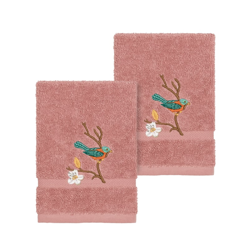 Authentic Hotel and Spa Turkish Cotton Blue Bird Embroidered Tea Rose 2-piece Washcloth Set