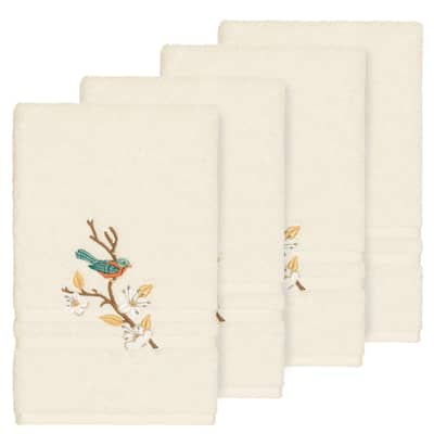 Authentic Hotel and Spa Turkish Cotton Blue Bird Embroidered Cream 4-piece Hand Towel Set