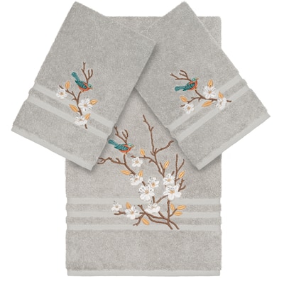 Authentic Hotel and Spa Turkish Cotton Blue Bird Embroidered Light Grey 3-piece Towel Set