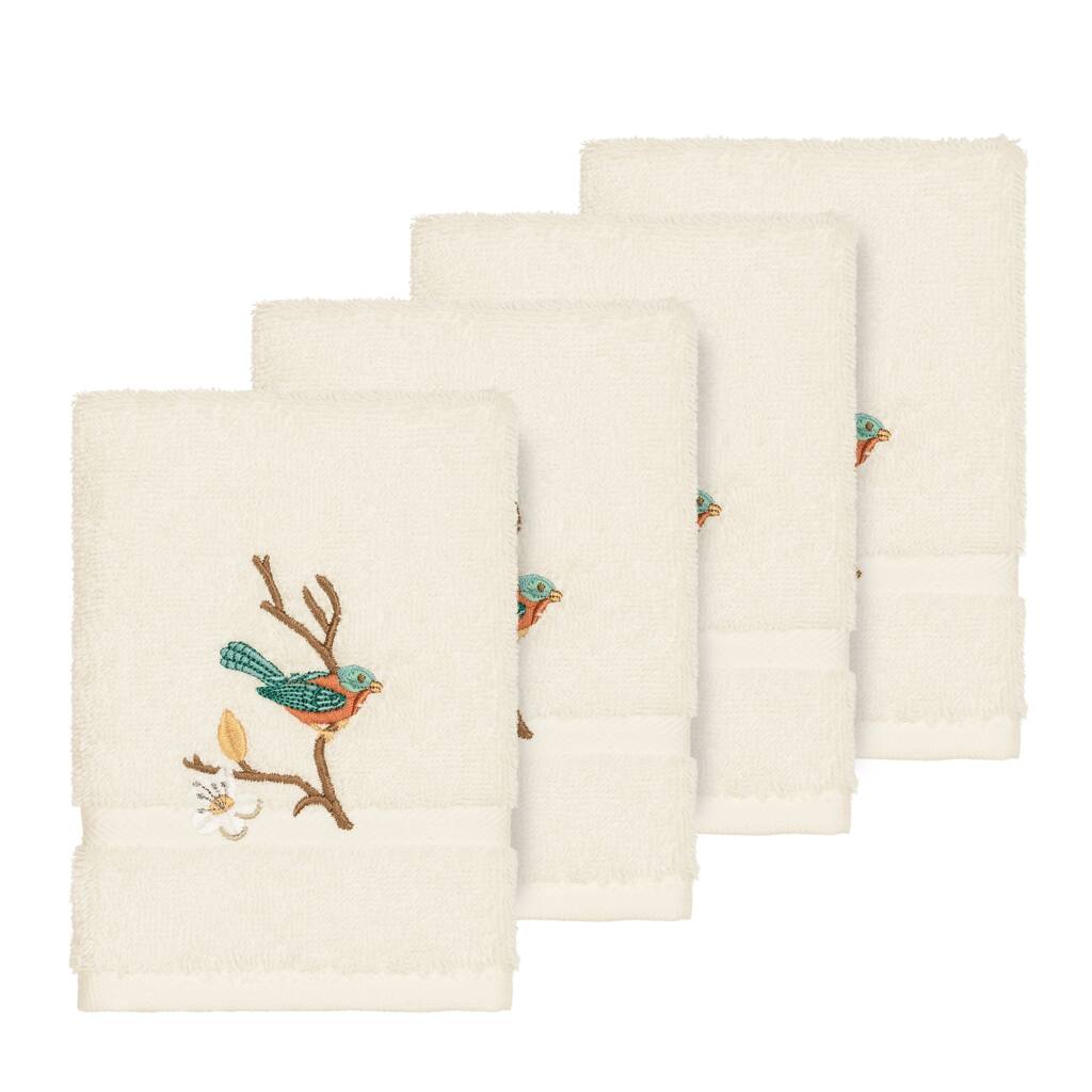 Authentic Hotel and Spa Turkish Cotton Blue Bird Embroidered Cream 4-piece Washcloth Set